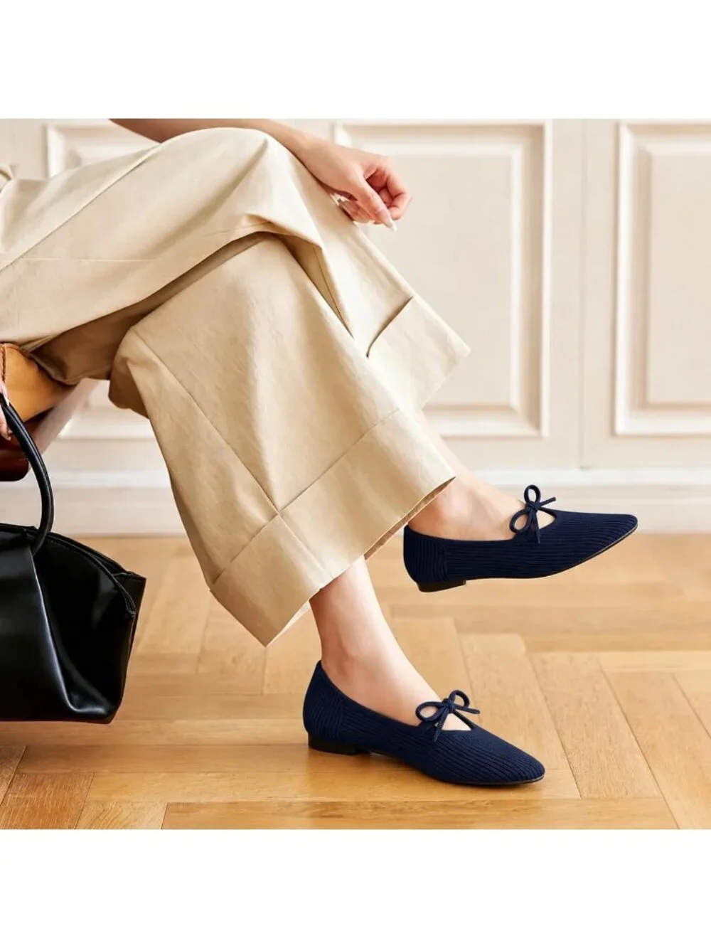 Women's Navy Pointed Toe Knit Ballet Flats Comfortable Pull On Casual Shoes